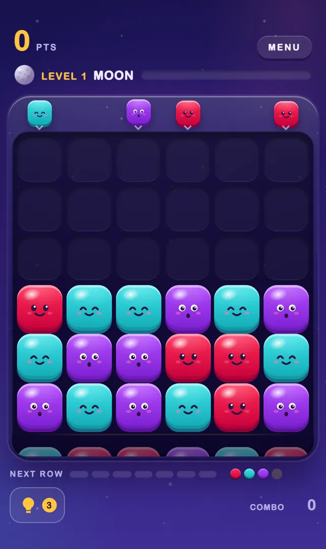 The start of a run in ORIGINAL: smiling candy blocks in red, aqua and purple on a twilight sky