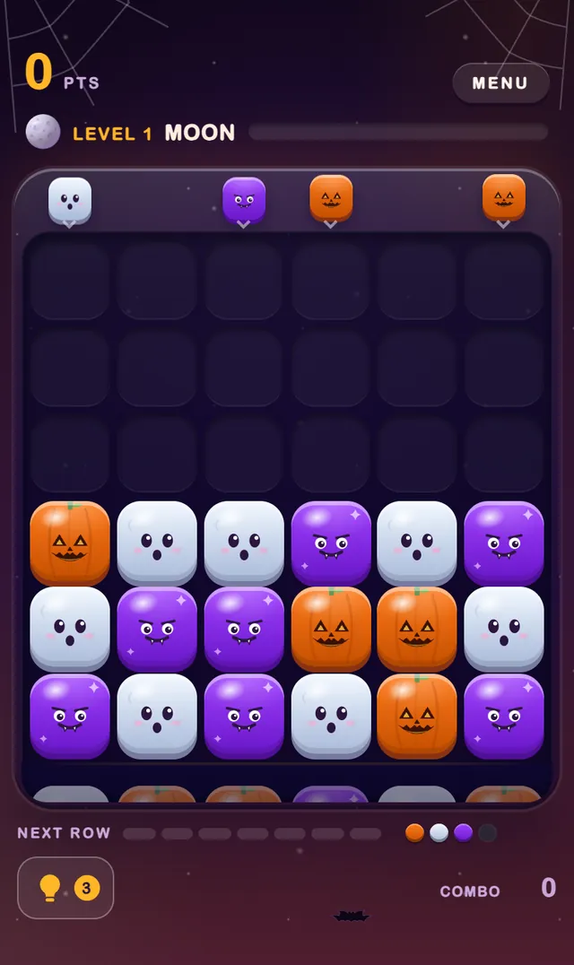 The same start in HALLOWEEN: pumpkins, ghosts and purple blocks under cobwebs, with bats in an orange sky