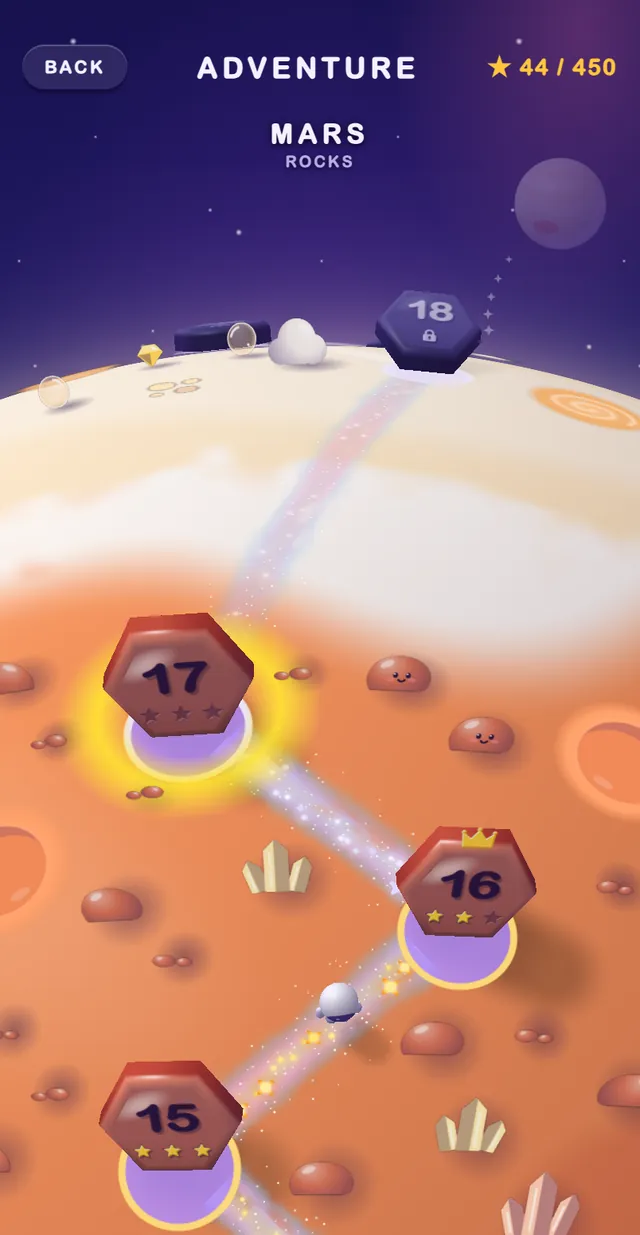 The ADVENTURE map on Mars: levels 15 to 18 along the road, level 17 glowing as the next to play