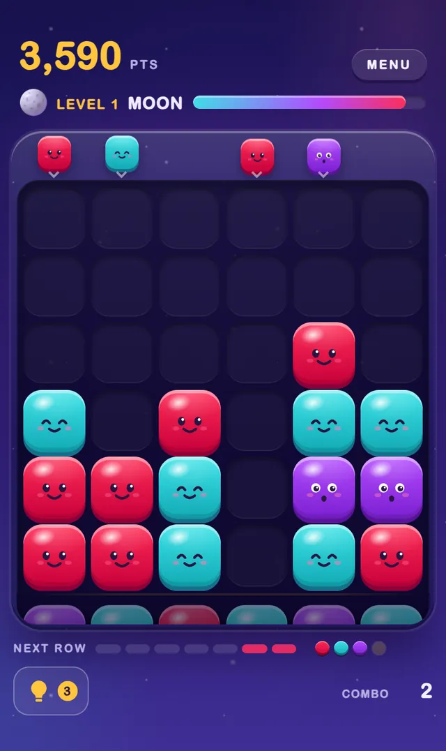 An endless run on the Moon: 3,590 points and a combo of 2, smiling red, aqua and purple blocks on the board