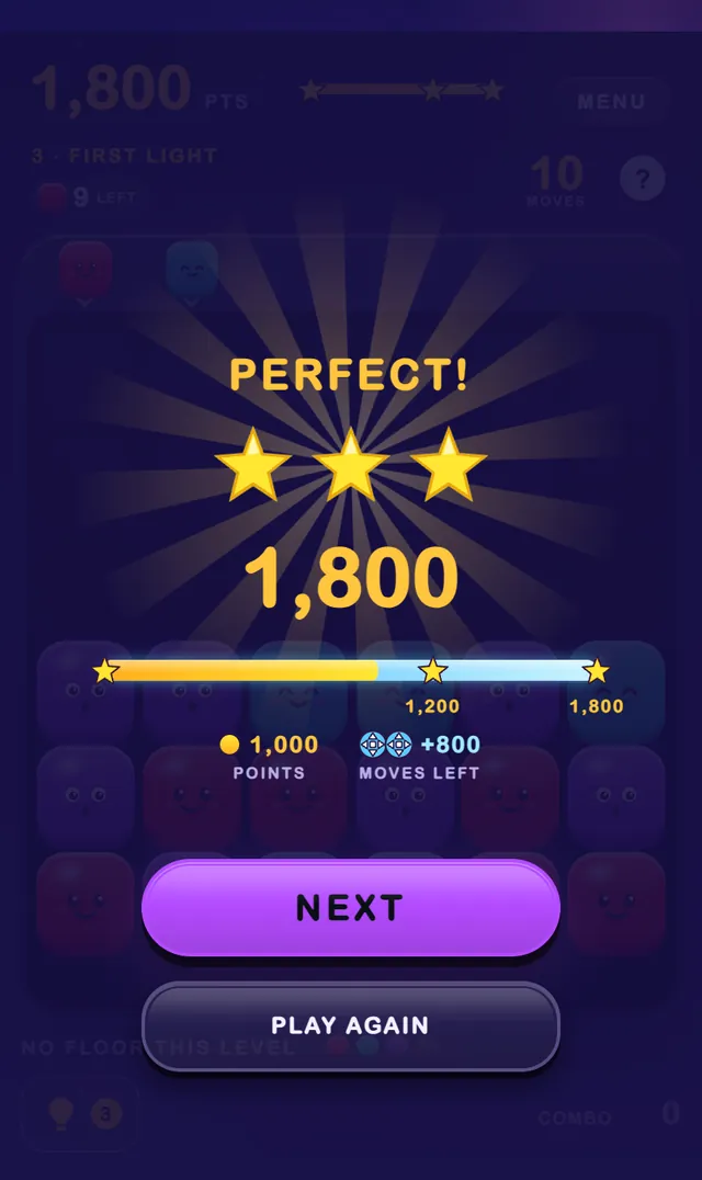 A level won: PERFECT!, three stars and 1,800 points, with NEXT and PLAY AGAIN